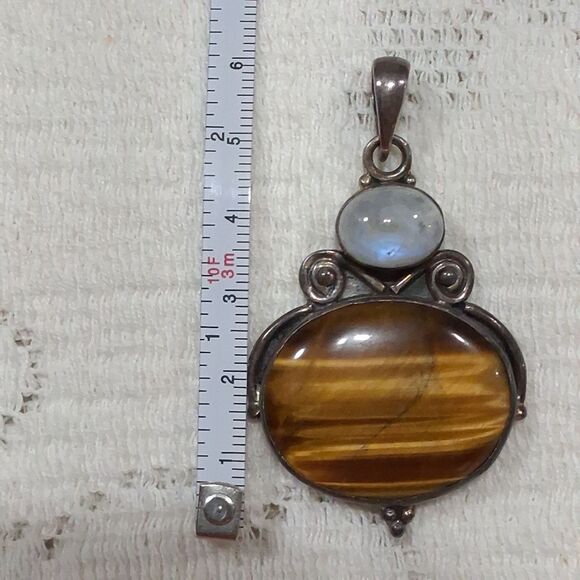 Vintage 925 Silver Real Tiger Eye & Moonstone Gemstone Oval Pendant Boho Hippie - Picture 13 of 16